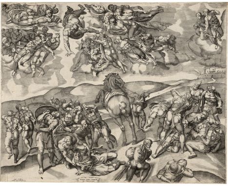 Beatrizet, Nicolas -- Die Bekehrung des Paulus. Kupferstich nach Michelangelo. 43 x 54,5 cm. B. XV, S. 255, 33., A. Alberti (