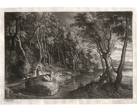 Bolswert, Schelte Adams -- Landschaft mit Hirte und Schafen am Wasser. Radierung mit Kupferstich nach Peter Paul Rubens. 31,5