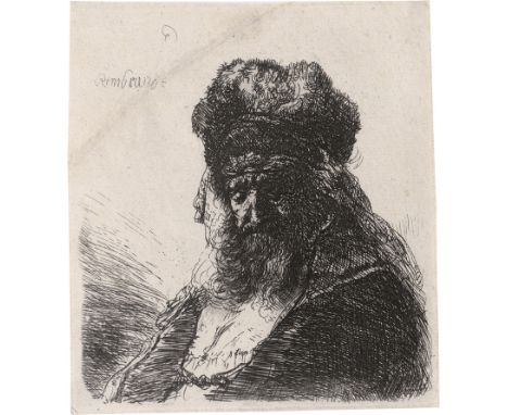 Rembrandt Harmensz. van Rijn -- Niederblickender Greis in hoher Pelzmütze. Radierung. 10,4 x 10,3 cm. Um 1635.  B. 290, White