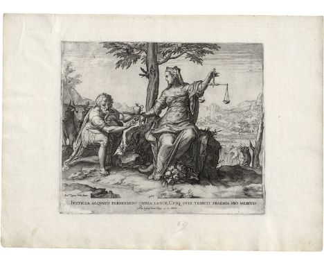Cort, Cornelis -- Justizia weist die Reichtümer zurück. Kupferstich nach Federico Zuccaro. 26,5 x 31,3 cm. 1566. Bierens de H