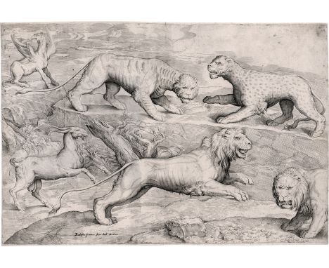Franco, Giovanni Battista -- Sechs Tiere: drei Löwen, ein Leopard, eine Ziege und ein Greif; Ein Engel, auf einem Löwen sitze