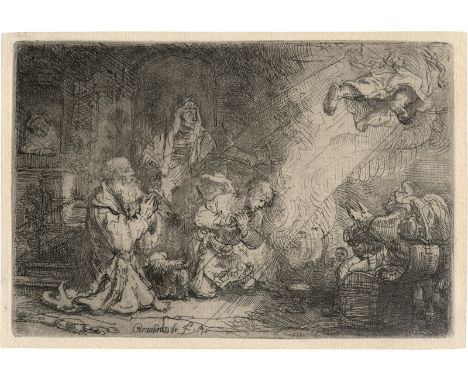 Rembrandt Harmensz. van Rijn -- Der Engel vor der Familie des Tobias verschwindend. Radierung und Kaltnadel. 10,2 x 15,1 cm. 
