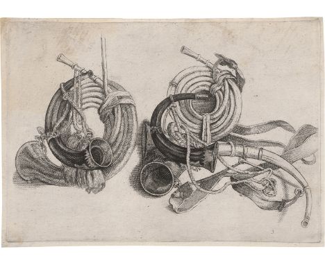 Hollar, Wenzel -- Fünf Jagdhunde; Fünf Jagdhörner; Köcher und Jagdhörner. 3 Radierungen. Je ca. 14 x 19,9 cm. 1647. Parthey 2