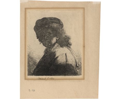 Rembrandt Harmensz. van Rijn -- Selbstbildnis mit Schärpe um den Hals. Radierung. 13,2 x 10,2 cm. B. 17, White/Boon (Hollstei