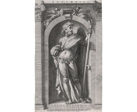 Goltzius, Hendrick -- Sechs antike Götter: Saturn, Neptun, Pluto, Sol, Bacchus, Merkur. 6 (von 8) Kupferstiche nach Polidoro 