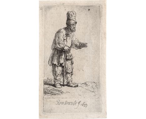 Rembrandt Harmensz. van Rijn -- Bauer mit hoher Mütze, auf einen Stock gelehnt. Radierung. 8,3 x 4,4 cm. 1639. B. 133, White/
