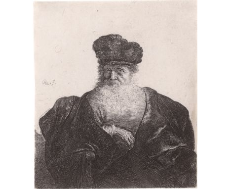 Rembrandt Harmensz. van Rijn -- Greis im weiten Samtmantel. Radierung auf China (?). 14,7 x 12,9 cm. Um 1631. B. 262, White/B