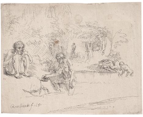 Rembrandt Harmensz. van Rijn -- Die badenden Männer ("De zwemmertjes"). Radierung. 10,9 x 13,7 cm. 1651. B. 195, White/Boon (