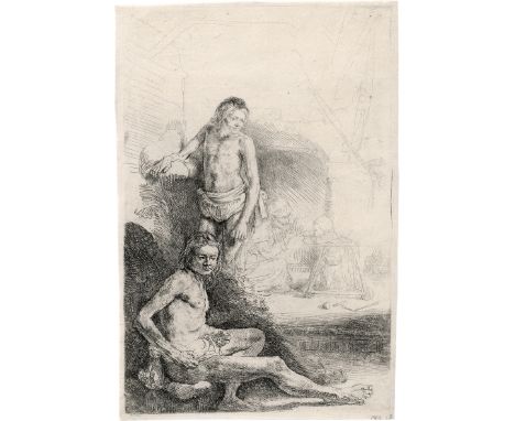 Rembrandt Harmensz. van Rijn -- Zwei männliche Akte ("Het Rolwagentje"). Radierung. 19,5 x 12,7 cm. Um 1646. B. 194, White/Bo