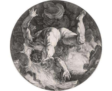 Goltzius, Hendrick -- Die vier Himmelsstürmer: Tantalus, Ikarus, Phaeton und Ixion. 4 Kupferstiche im Rund nach Cornelis Corn