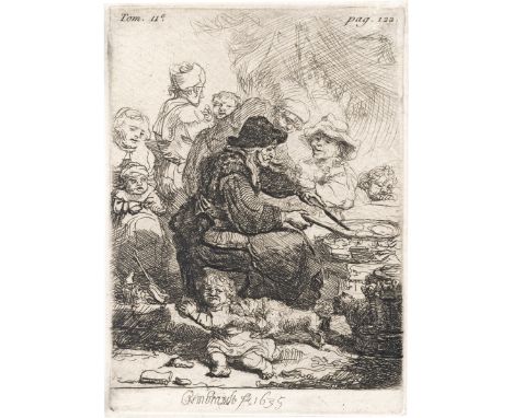 Rembrandt Harmensz. van Rijn -- Die Pfannkuchenbäckerin. Radierung. 10,8 x 7,9 cm. 1635. B. 124, White/Boon (Hollstein) 124 I