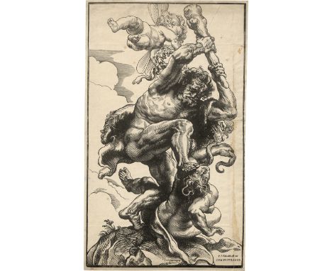 Jegher, Christoffel -- Herkules erschlägt die Furie der Zwietracht. Holzschnitt nach Peter Paul Rubens. 59,5 x 35,3 cm. Holls