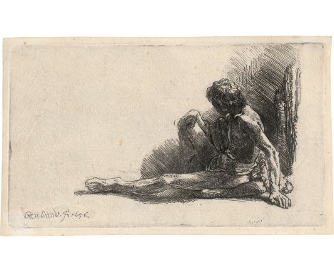 Rembrandt Harmensz. van Rijn -- Männlicher Akt, am Boden sitzend. Radierung. 9,5 x 16,6 cm. 1646. B. 196, White/Boon (Hollste
