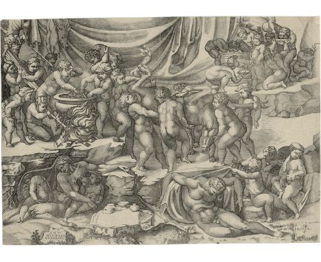 Beatrizet, Nicolas -- Das Bacchanal. Kupferstich nach Michelangelo. 28,3 x 39,9 cm. B. 40 I (von II), Bianchi 34, A. Alberti 