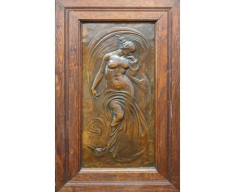 An Art Nouveau copper panel embossed with a maiden and owl, H.66cm W.38cm (total item size)