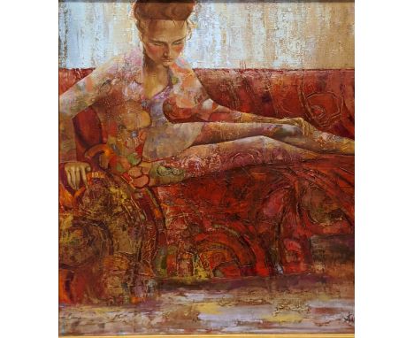 A portrait of a woman in burnt red, oil on canvas, signed lower right, annotations in pen to verso, H.79.5cm W.59cm