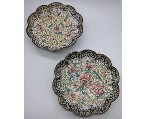 A pair of 19th century Chinese floral enamel dishes, D.17.5cm