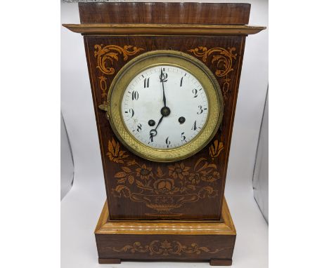 A 19th century French marquetry inlaid mantle clock with an eight-day movement, H.35.5cm