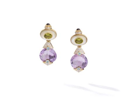 A pair of gem-set pendent earrings Each fancy-cut amethyst drop with a pavé-set brilliant-cut diamond and collet-set circular