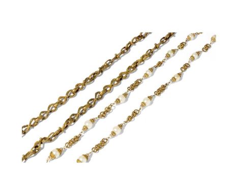 Chanel: Two costume longchain necklaces The first set with a graduated series of imitation pearls and paste in filigree mount