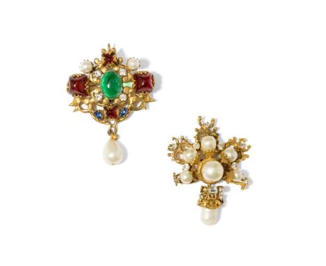 Chanel: Two costume brooches The first cartouche with green and red gripoix, blue paste and imitation pearls; the second set 