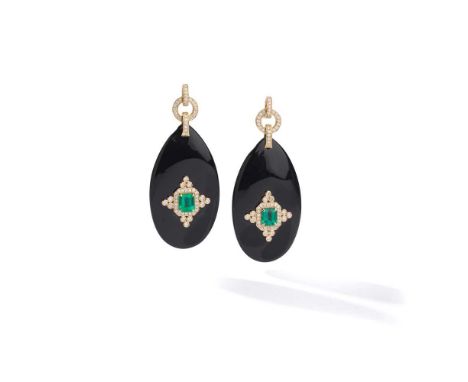 A pair of onyx, emerald and diamond earrings Each pear-shaped onyx drop set with a cut-cornered step-cut emerald within a bri