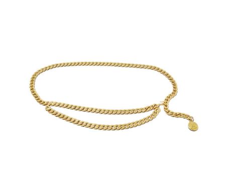 Chanel: A Gilt Medallion Chain Belt Layered gilt flattened curb links, adjustable hook, button medallion pendantWith box Cond