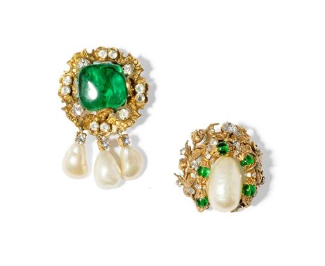 Chanel: Two gripoix brooches The first set with green gripoix in a cartouche accented with circular paste and suspending thre