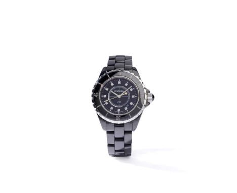 Chanel: A diamond-set 'J12' wristwatch J12 model, quartz movement, black dial with diamond hour markers, inner and outer minu