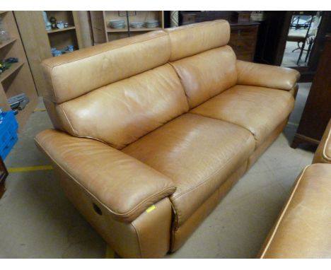 Tan leather three seater sofa with electric recliners