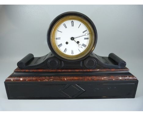 Impressive late 19th Century french Black slate and marble mantle clock. White Enamel face with Roman numeral chapter ring wi