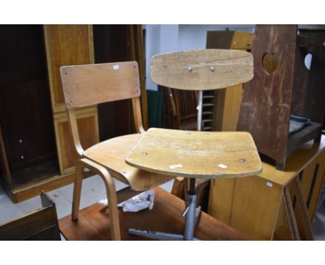 A vintage swivel ply wood office chair (Russian 1950s stamped to underside) and a bent ply school chair