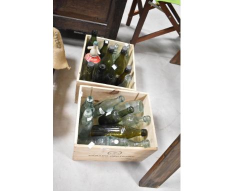 Two wooden wine crates , containing selection of vintage bottle, soda syphon etc
