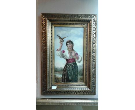 "Portrait of a Gypsy with an Owl", painted ceramic tile, signed and dated, framed