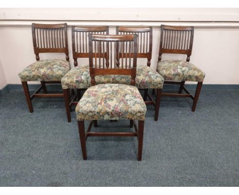 the rail and inlaid backs above tapestry seats on square cut tapering legs with a H stretcher, possibly Cork