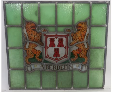 A LEADED AND STAINED GLASS PANEL painted the city coat-of-arms for Aberdeen, 55cm x 62cm Condition Report: Available upon req