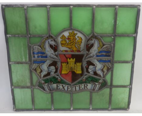 A LEADED AND STAINED GLASS PANEL painted the city coat-of-arms for Exeter, 55cm x 62cm  Condition Report: Panel is in a good 
