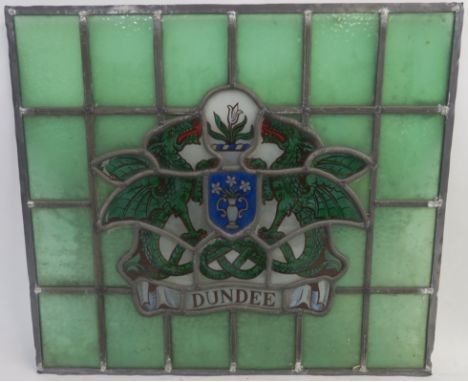 A LEADED AND STAINED GLASS PANEL painted the city coat-of-arms for Dundee, 55cm x 62cm  Condition Report: Panel is in a good 