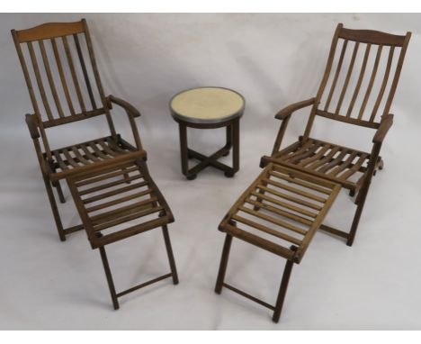 TWO 20TH CENTURY BEECH FOLDING STEAMER CHAIRS STAMPED CUNARD with original padded covers 84cm high x 56cm wide x 162cm long,A