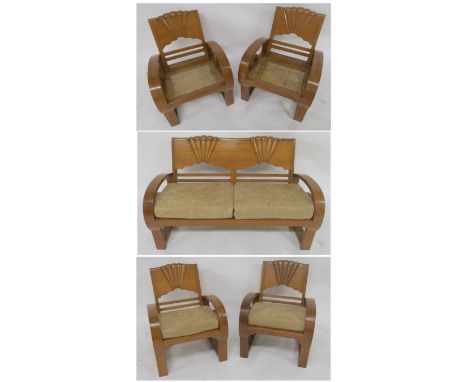 AN EARLY 20TH CENTURY ART DECO FIVE PIECE SUITE BY THE NATIONAL FURNITURE MART RANGOON consisting of two seater settee, 75cm 
