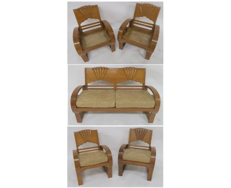 AN EARLY 20TH CENTURY ART DECO FIVE PIECE SUITE BY THE NATIONAL FURNITURE MART RANGOON consisting of two seater settee, 75cm 