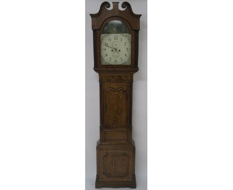 A 19TH CENTURY OAK CROSSBANDED AND INLAID LONGCASE CLOCK the painted dial inscribed to Richard Clinton, Eccleshall, with auto