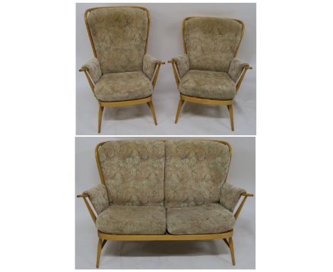 AN ERCOL BEECH FRAMED EVERGREEN HIGH BACK THREE PIECE SUITE consisting of two seater settee and two armchairs settee is 92cm 