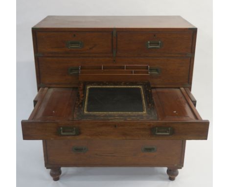 A VICTORIAN CAMPHORWOOD MILITARY CAMPAIGN SECRETAIRE CHEST the twin sections fitted with brass corner mounts, recessed bail h