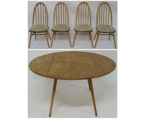 A MID CENTURY ELM &amp; BEECH ERCOL 384 DROPLEAF DINING TABLE &amp; FOUR ERCOL 365 QUAKER WINDOR CHAIRS with seat pads table 