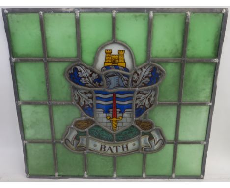 A LEADED AND STAINED GLASS PANEL painted the city coat-of-arms for Bath, 55cm x 62cm  Condition Report: Panel is in a good ge