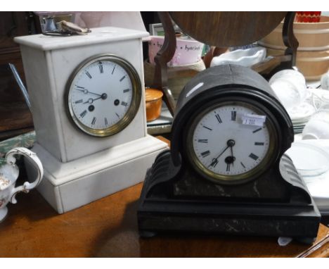 A 19TH CENTURY MANTEL CLOCK in a white marble case and another in an ebonised case (both keys in office)