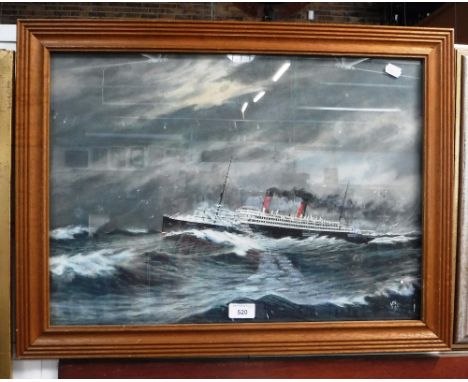 A FIRST WORLD WAR PERIOD OIL ON BOARD PAINTING OF A LINER 'Carmania' at Sea, initial 'JPS, 1916'
