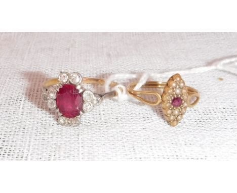 A 'RUBY' AND DIAMOND DRESS RING on an 18ct yellow gold shank and one other dress ring