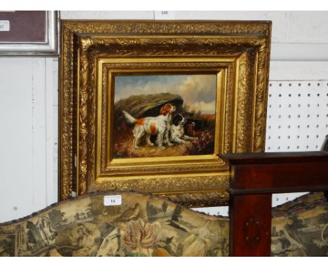 AN OIL ON CANVAS PAINTING OF TWO GUN DOGS, signed Geo. Roe, in heavy gilt frame
